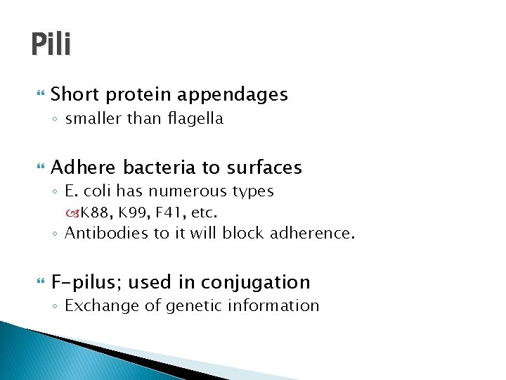 Pili Short protein appendages ◦ smaller than flagella Adhere bacteria to surfaces ◦ E.