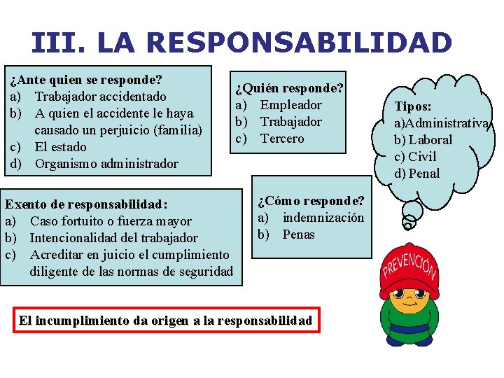 III. LA RESPONSABILIDAD ¿Ante quien se responde? a) Trabajador accidentado b) A quien el