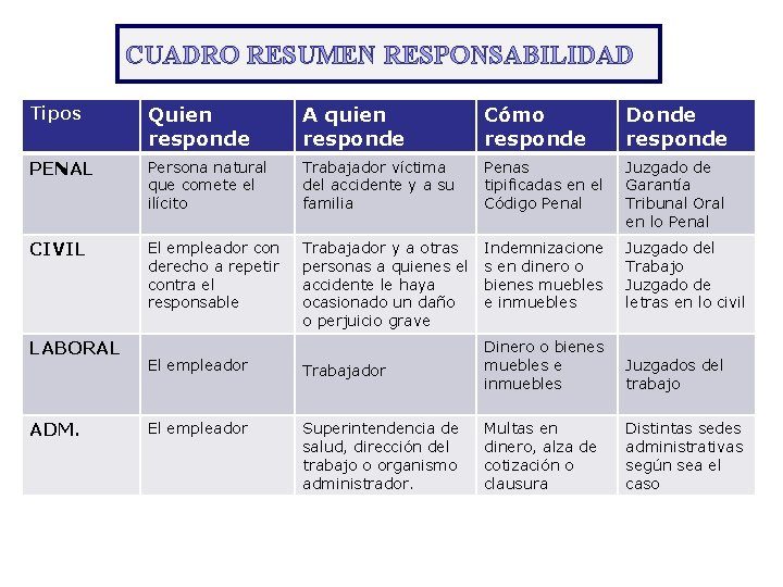 CUADRO RESUMEN RESPONSABILIDAD Tipos Quien responde A quien responde Cómo responde Donde responde PENAL