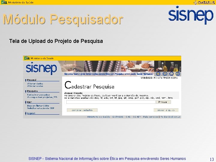 Módulo Pesquisador Tela de Upload do Projeto de Pesquisa SISNEP - Sistema Nacional de