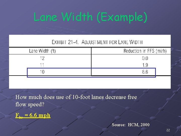 Lane Width (Example) How much does use of 10 -foot lanes decrease free flow