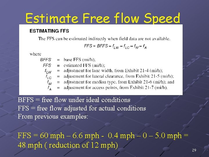 Estimate Free flow Speed BFFS = free flow under ideal conditions FFS = free