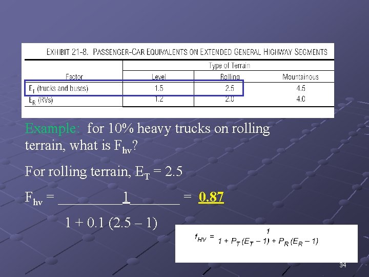 Example: for 10% heavy trucks on rolling terrain, what is Fhv? For rolling terrain,
