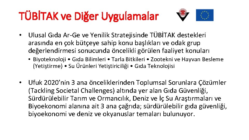 TÜBİTAK ve Diğer Uygulamalar • Ulusal Gıda Ar-Ge ve Yenilik Stratejisinde TÜBİTAK destekleri arasında