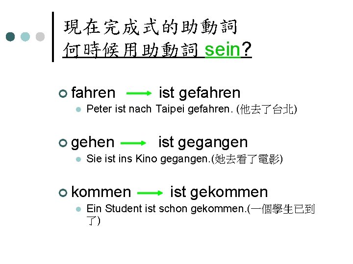 現在完成式的助動詞 何時候用助動詞 sein? ¢ fahren ist gefahren l Peter ist nach Taipei gefahren. (他去了台北)