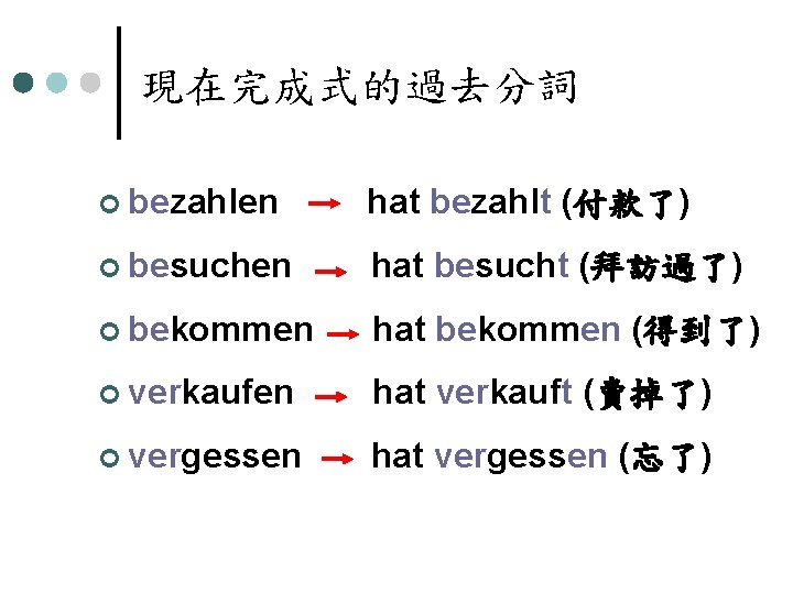 現在完成式的過去分詞 ¢ bezahlen hat bezahlt (付款了) ¢ besuchen hat besucht (拜訪過了) ¢ bekommen hat