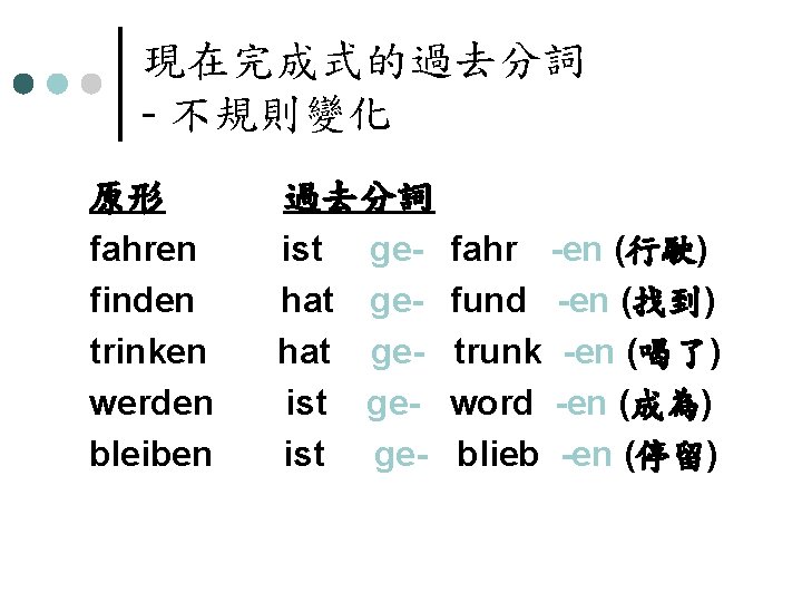 現在完成式的過去分詞 - 不規則變化 原形 過去分詞 fahren 　　ist gefinden 　　hat getrinken hat gewerden　　ist gebleiben ist