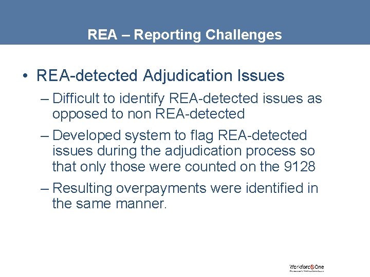 REA – Reporting Challenges • REA-detected Adjudication Issues – Difficult to identify REA-detected issues