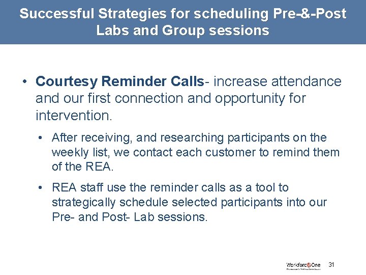 Successful Strategies for scheduling Pre-&-Post Labs and Group sessions • Courtesy Reminder Calls- increase