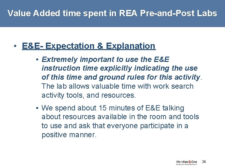 Value Added time spent in REA Pre-and-Post Labs • E&E- Expectation & Explanation •