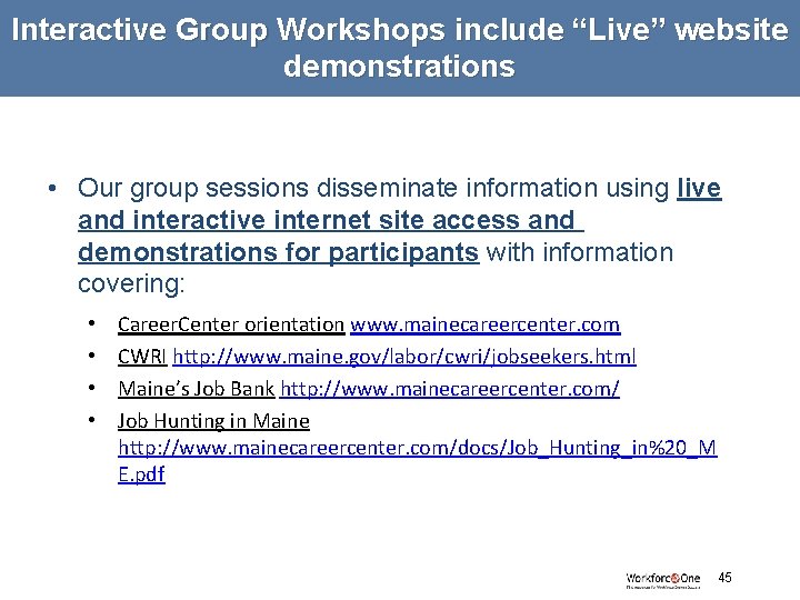 Interactive Group Workshops include “Live” website demonstrations • Our group sessions disseminate information using
