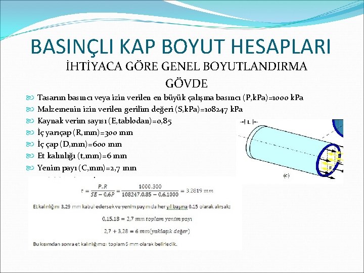 BASINÇLI KAP BOYUT HESAPLARI İHTİYACA GÖRE GENEL BOYUTLANDIRMA GÖVDE Tasarım basıncı veya izin verilen