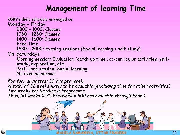 Management of learning Time KGBV’s daily schedule envisaged as: Monday – Friday 0800 –