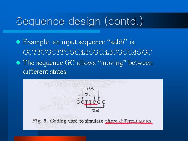 Sequence design (contd. ) Example: an input sequence “aabb” is, GCTTCGCAACGCCAGGC l The sequence