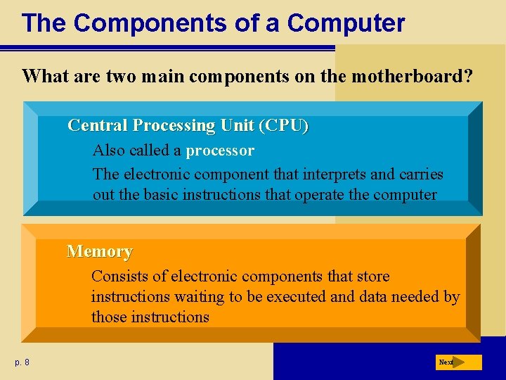 The Components of a Computer What are two main components on the motherboard? Central