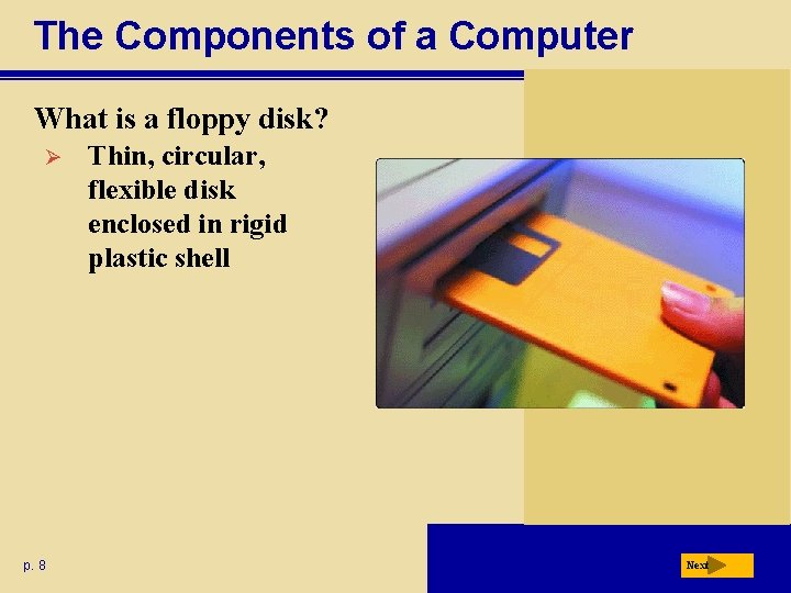 The Components of a Computer What is a floppy disk? Ø p. 8 Thin,