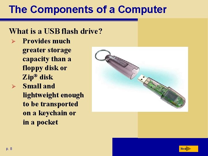 The Components of a Computer What is a USB flash drive? Ø Ø p.