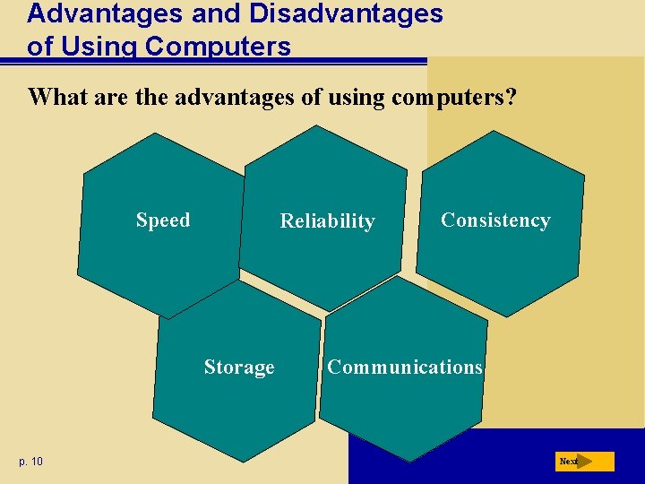 Advantages and Disadvantages of Using Computers What are the advantages of using computers? Speed