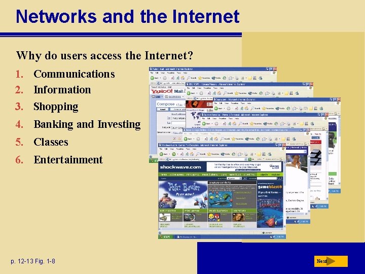 Networks and the Internet Why do users access the Internet? 1. Communications 2. Information