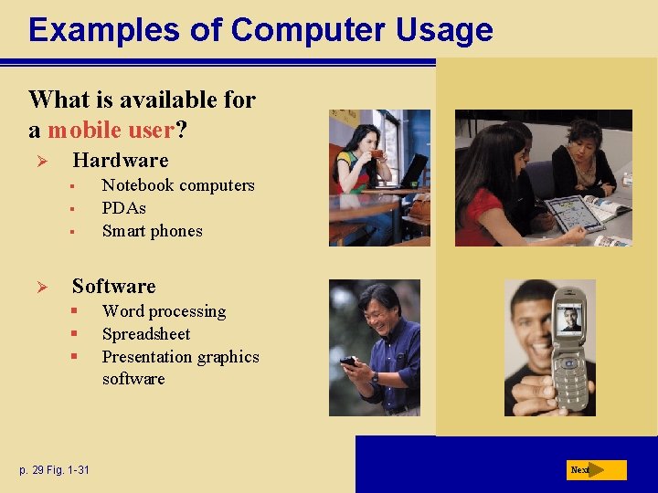 Examples of Computer Usage What is available for a mobile user? Ø Hardware §
