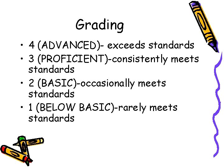 Grading • 4 (ADVANCED)- exceeds standards • 3 (PROFICIENT)-consistently meets standards • 2 (BASIC)-occasionally