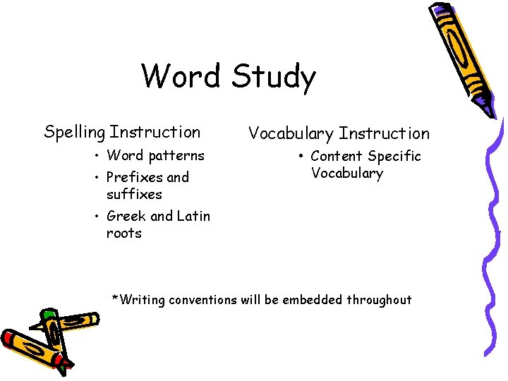 Word Study Spelling Instruction • Word patterns • Prefixes and suffixes Vocabulary Instruction •