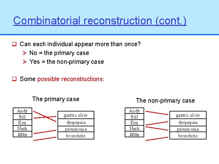 Combinatorial reconstruction (cont. ) q Can each individual appear more than once? Ø No