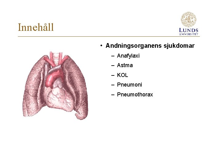 Innehåll • Andningsorganens sjukdomar – Anafylaxi – Astma – KOL – Pneumoni – Pneumothorax