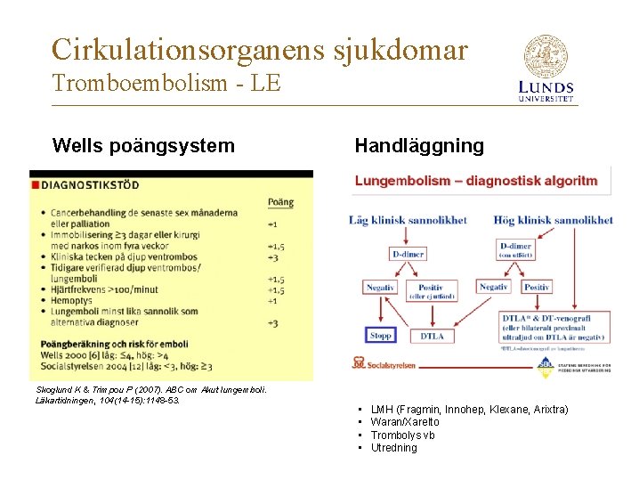 Cirkulationsorganens sjukdomar Tromboembolism - LE Wells poängsystem Skoglund K & Trimpou P (2007). ABC