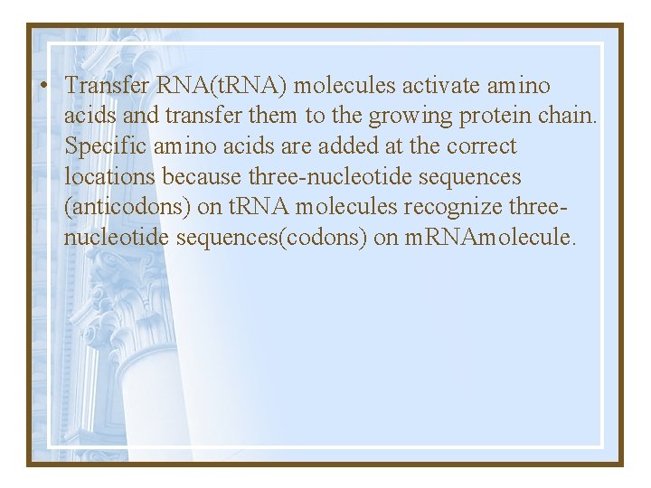  • Transfer RNA(t. RNA) molecules activate amino acids and transfer them to the