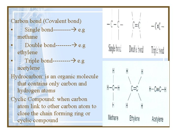 Carbon bond (Covalent bond) • Single bond----- e. g methane • Double bond---- e.