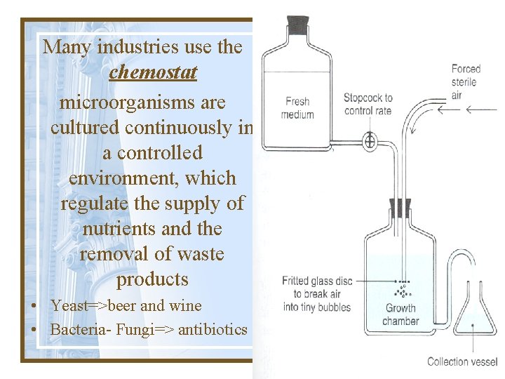 Many industries use the chemostat microorganisms are cultured continuously in a controlled environment, which