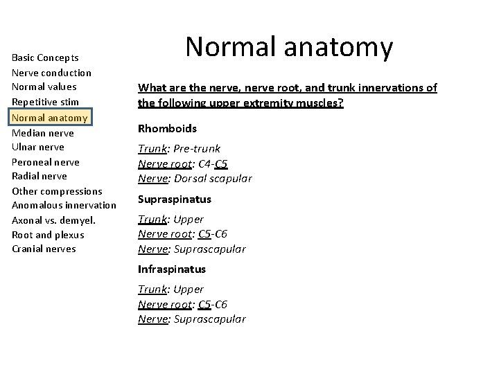 Basic Concepts Nerve conduction Normal values Repetitive stim Normal anatomy Median nerve Ulnar nerve