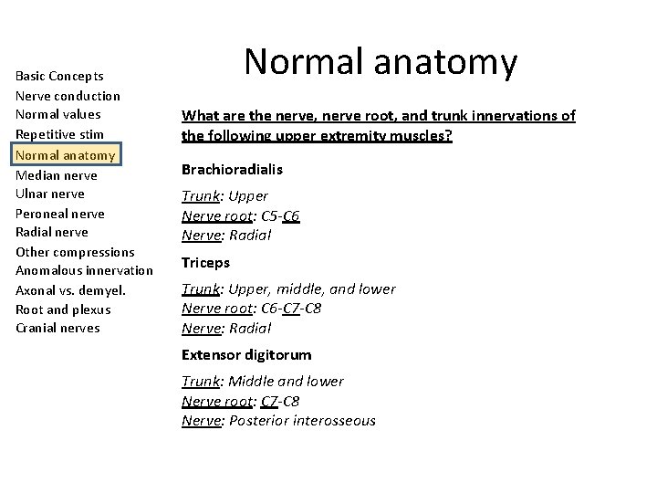 Basic Concepts Nerve conduction Normal values Repetitive stim Normal anatomy Median nerve Ulnar nerve