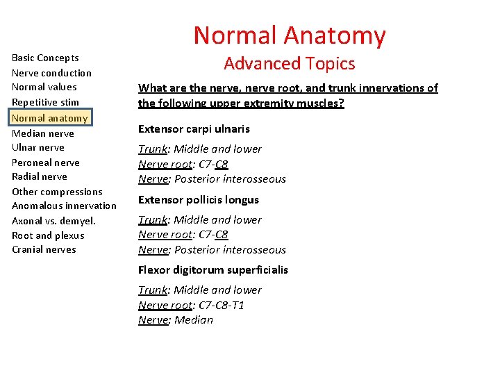 Basic Concepts Nerve conduction Normal values Repetitive stim Normal anatomy Median nerve Ulnar nerve