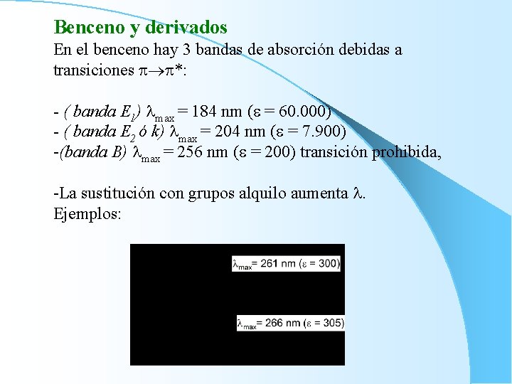 Benceno y derivados En el benceno hay 3 bandas de absorción debidas a transiciones
