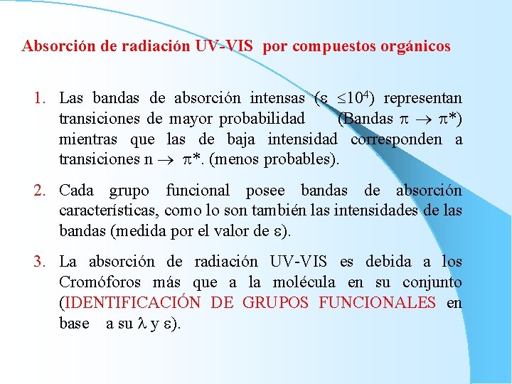 Absorción de radiación UV-VIS por compuestos orgánicos 1. Las bandas de absorción intensas (