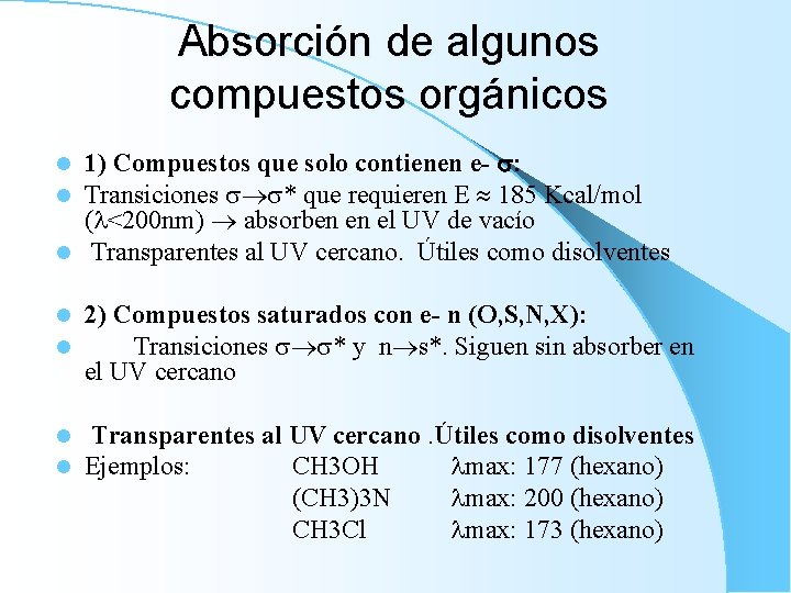 Absorción de algunos compuestos orgánicos 1) Compuestos que solo contienen e- : Transiciones *