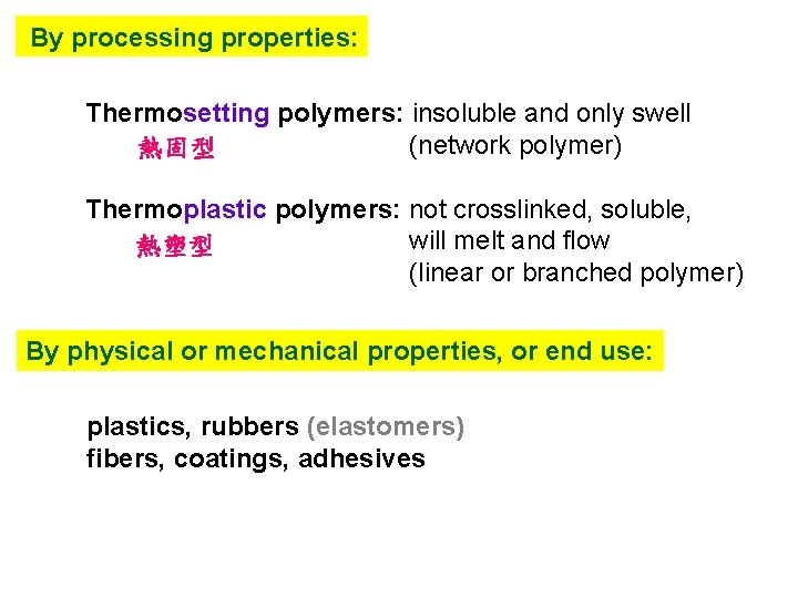 By processing properties: Thermosetting polymers: insoluble and only swell (network polymer) 熱固型 Thermoplastic polymers: