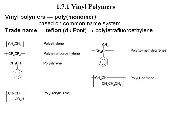 1. 7. 1 Vinyl Polymers Vinyl polymers poly(monomer) based on common name system Trade