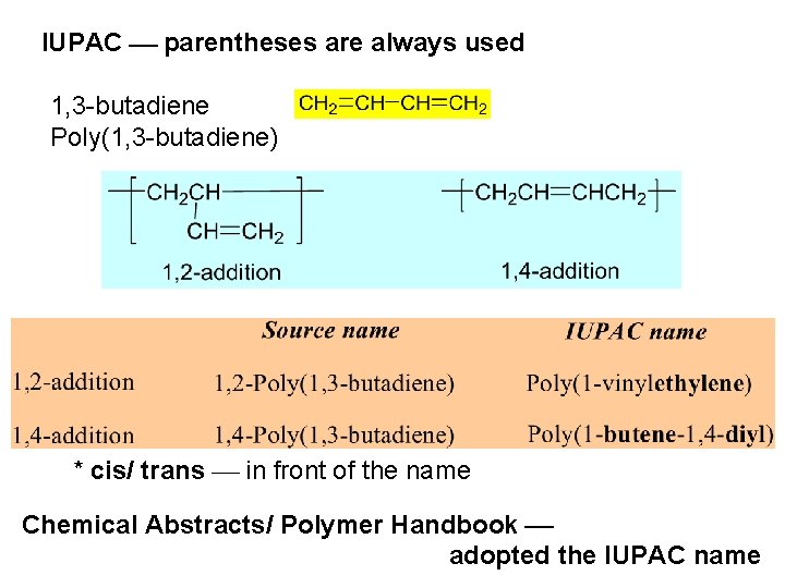 IUPAC parentheses are always used 1, 3 -butadiene Poly(1, 3 -butadiene) * cis/ trans