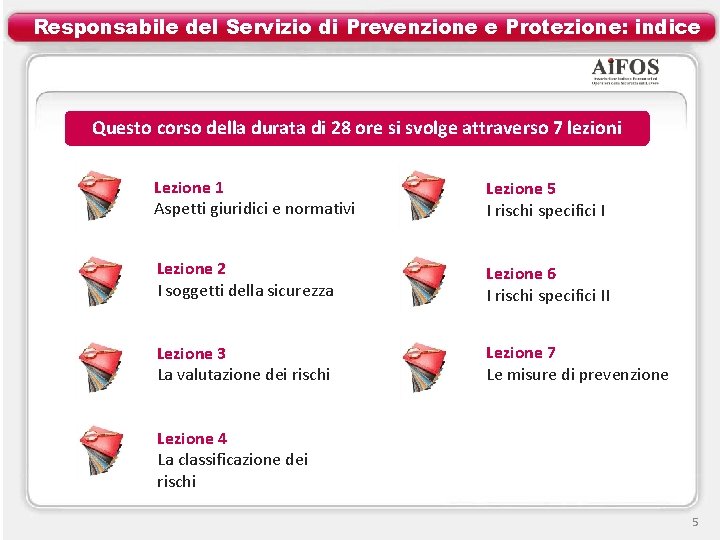Responsabile del Servizio di Prevenzione e Protezione: indice Questo corso della durata di 28