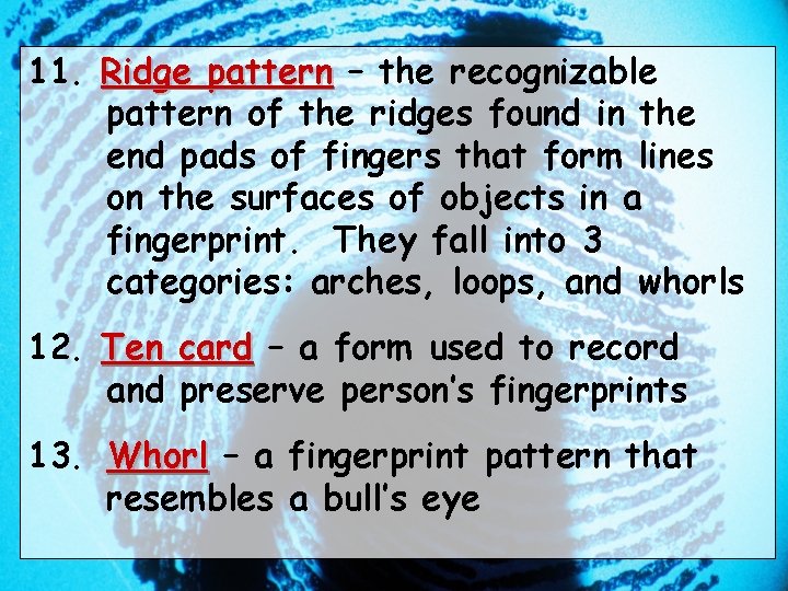 11. Ridge pattern – the recognizable pattern of the ridges found in the end