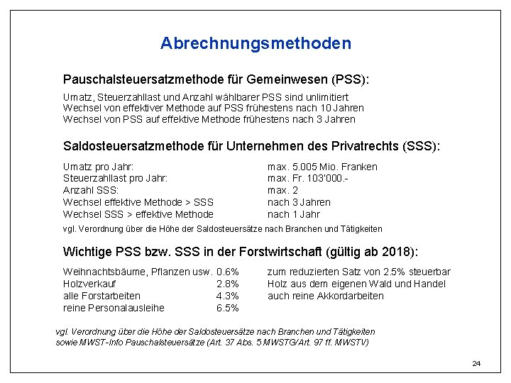 Abrechnungsmethoden Pauschalsteuersatzmethode für Gemeinwesen (PSS): Umatz, Steuerzahllast und Anzahl wählbarer PSS sind unlimitiert Wechsel