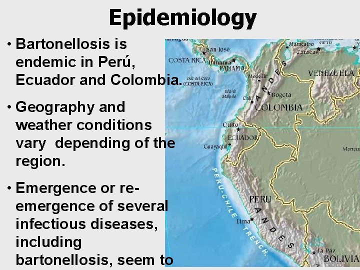 Epidemiology • Bartonellosis is endemic in Perú, Ecuador and Colombia. • Geography and weather