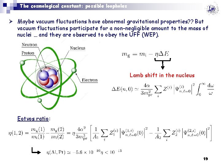 The cosmological constant: possible loopholes Ø Maybe vacuum fluctuations have abnormal gravitational properties? ?