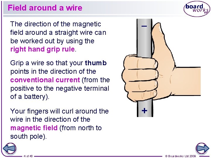 Field around a wire The direction of the magnetic field around a straight wire
