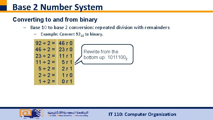 Base 2 Number System Converting to and from binary – Base 10 to base