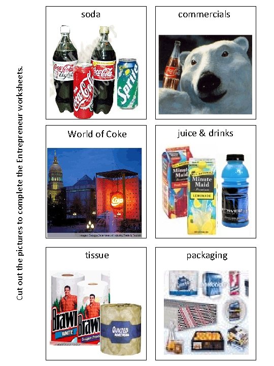 Cut out the pictures to complete the Entrepreneur worksheets. soda commercials World of Coke