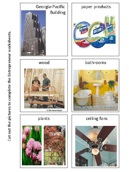 Cut out the pictures to complete the Entrepreneur worksheets. Georgia-Pacific Building paper products wood